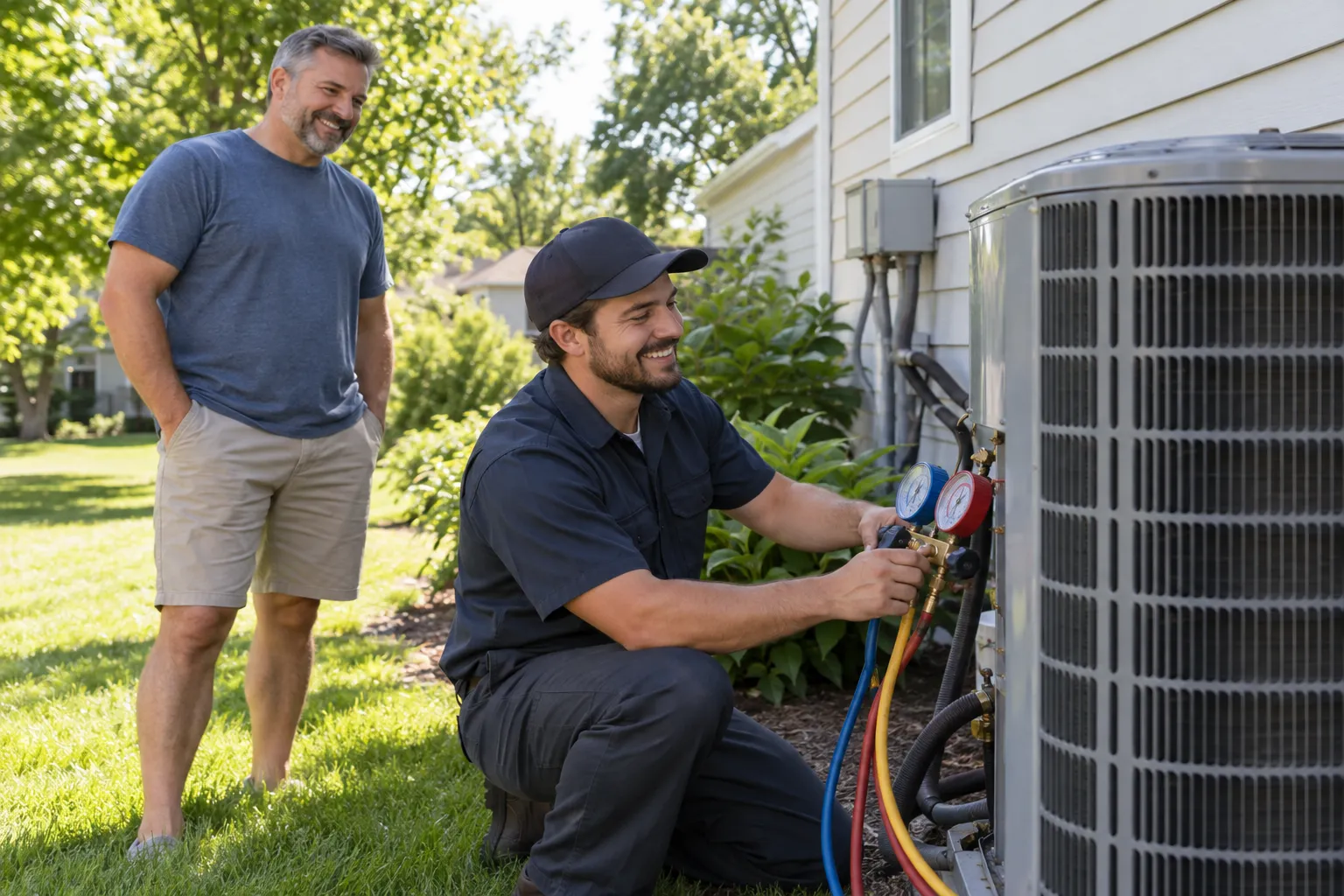 Friendly HVAC provider checking an outdoor air conditioner beside a house in the Romeo area