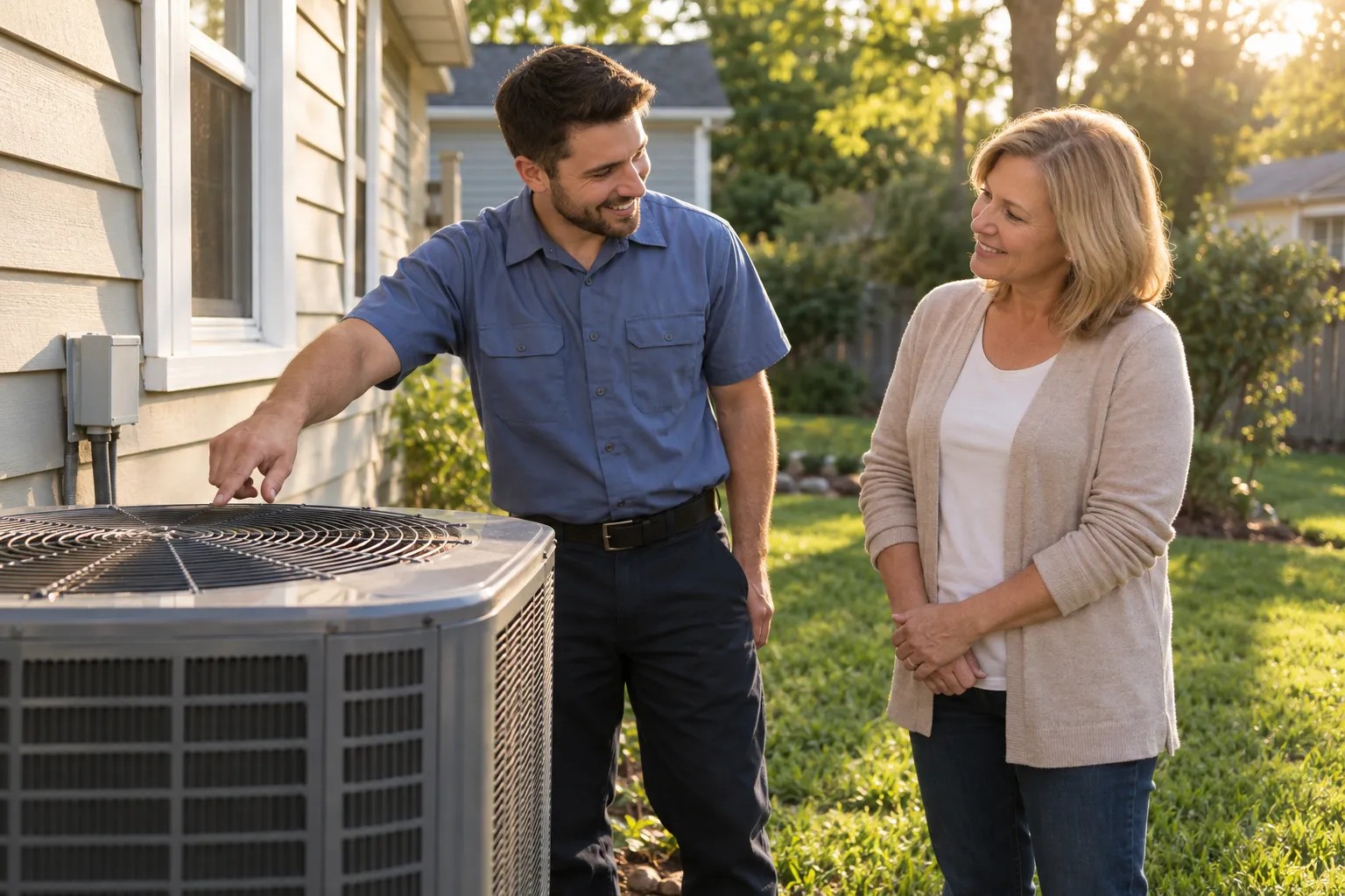 A friendly HVAC provider talking with a homeowner beside an outdoor air conditioner in Romeo
