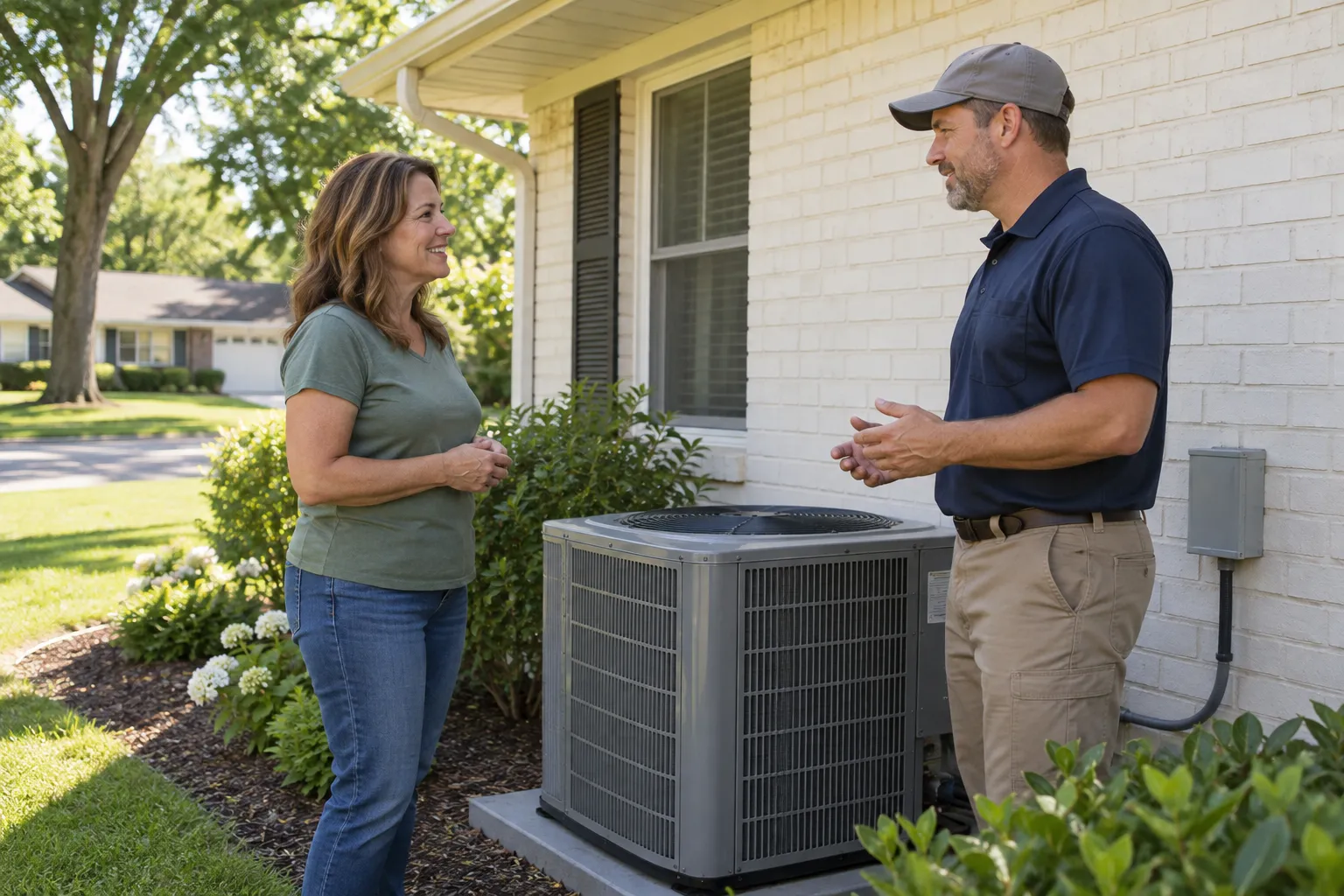 A ranch-style home with an outdoor AC unit in Romeo